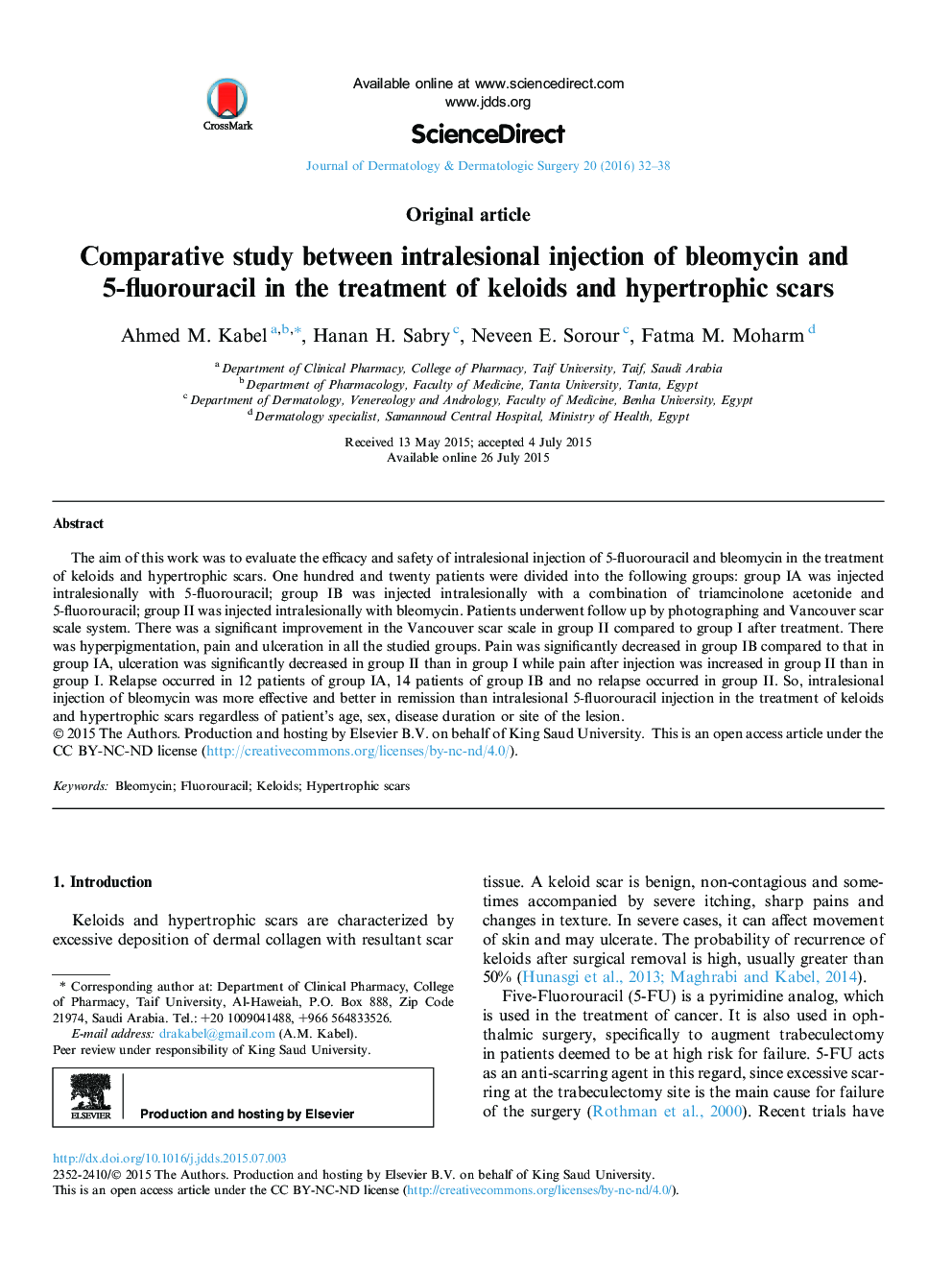 Comparative study between intralesional injection of bleomycin and 5-fluorouracil in the treatment of keloids and hypertrophic scars 