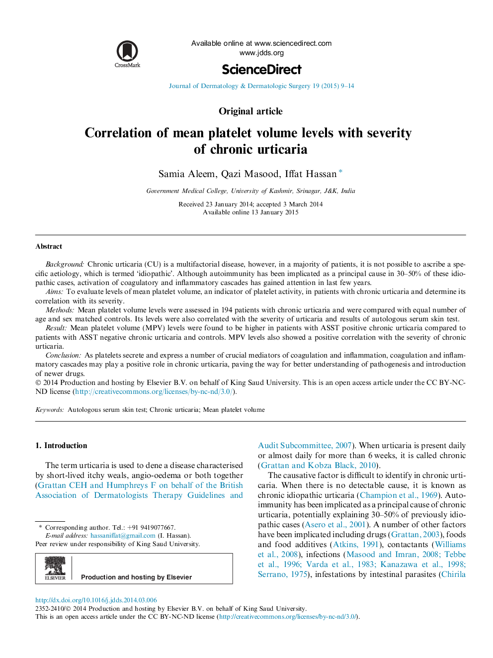 Correlation of mean platelet volume levels with severity of chronic urticaria 