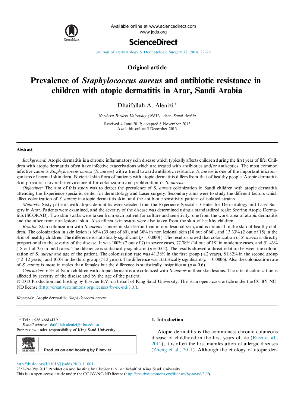 Prevalence of Staphylococcus aureus and antibiotic resistance in children with atopic dermatitis in Arar, Saudi Arabia 