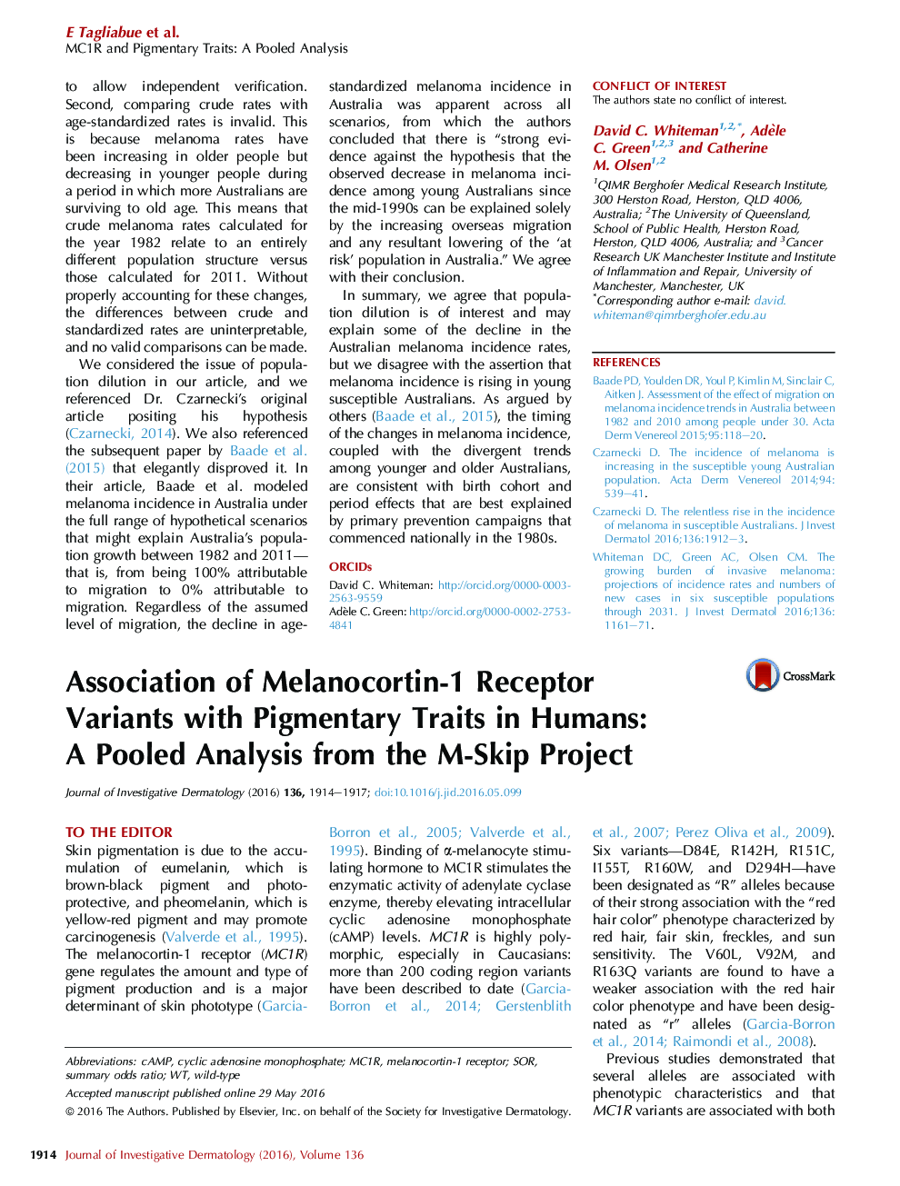 Association of Melanocortin-1 Receptor Variants with Pigmentary Traits in Humans: AÂ Pooled Analysis from the M-Skip Project