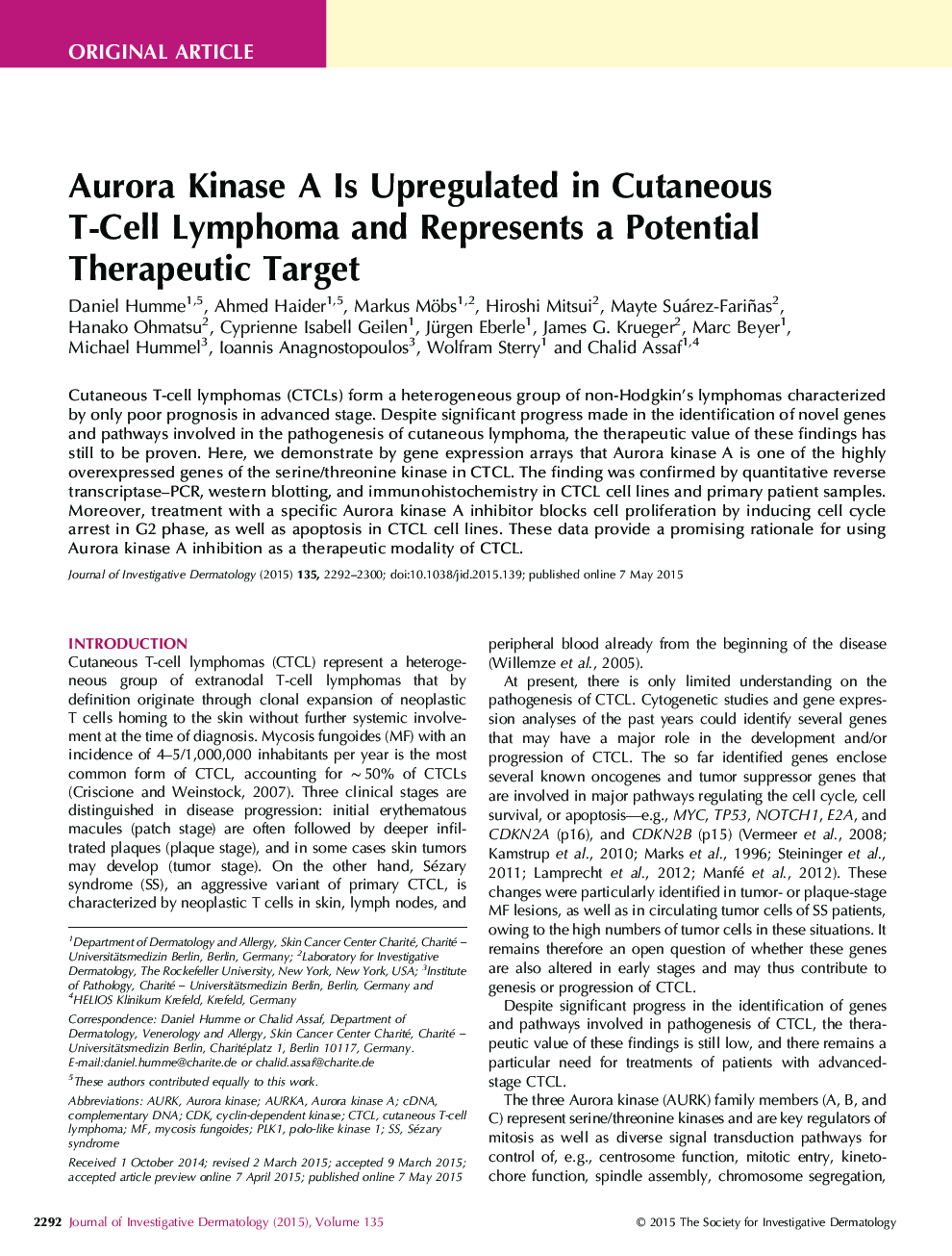 Aurora Kinase A Is Upregulated in Cutaneous T-Cell Lymphoma and Represents a Potential Therapeutic Target 