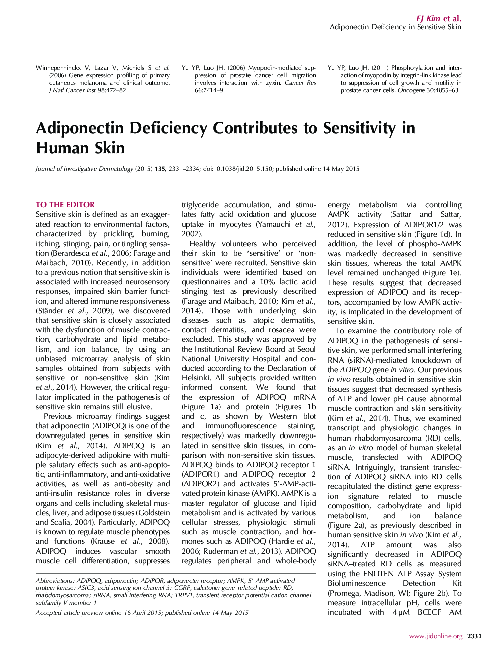 Adiponectin Deficiency Contributes to Sensitivity in Human Skin