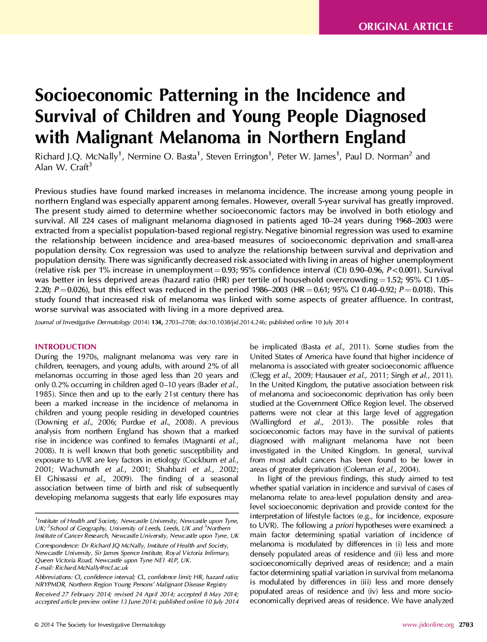 Socioeconomic Patterning in the Incidence and Survival of Children and Young People Diagnosed with Malignant Melanoma in Northern England 
