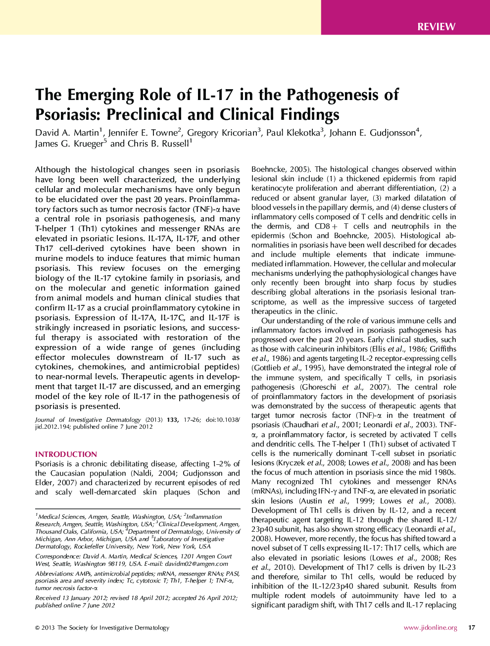 The Emerging Role of IL-17 in the Pathogenesis of Psoriasis: Preclinical and Clinical Findings 