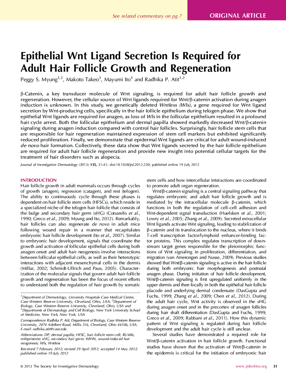 Epithelial Wnt Ligand Secretion Is Required for Adult Hair Follicle Growth and Regeneration 