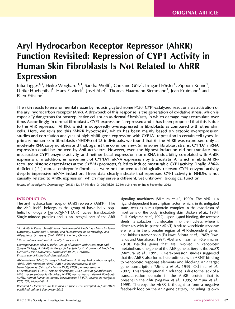 Aryl Hydrocarbon Receptor Repressor (AhRR) Function Revisited: Repression of CYP1 Activity in Human Skin Fibroblasts Is Not Related to AhRR Expression 