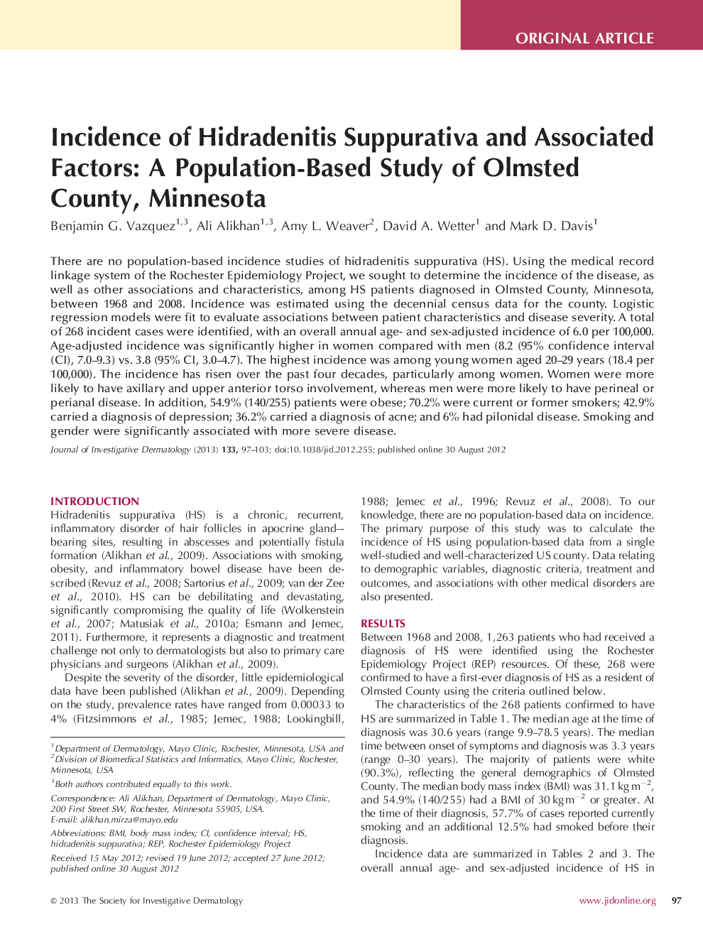 Incidence of Hidradenitis Suppurativa and Associated Factors: A Population-Based Study of Olmsted County, Minnesota 
