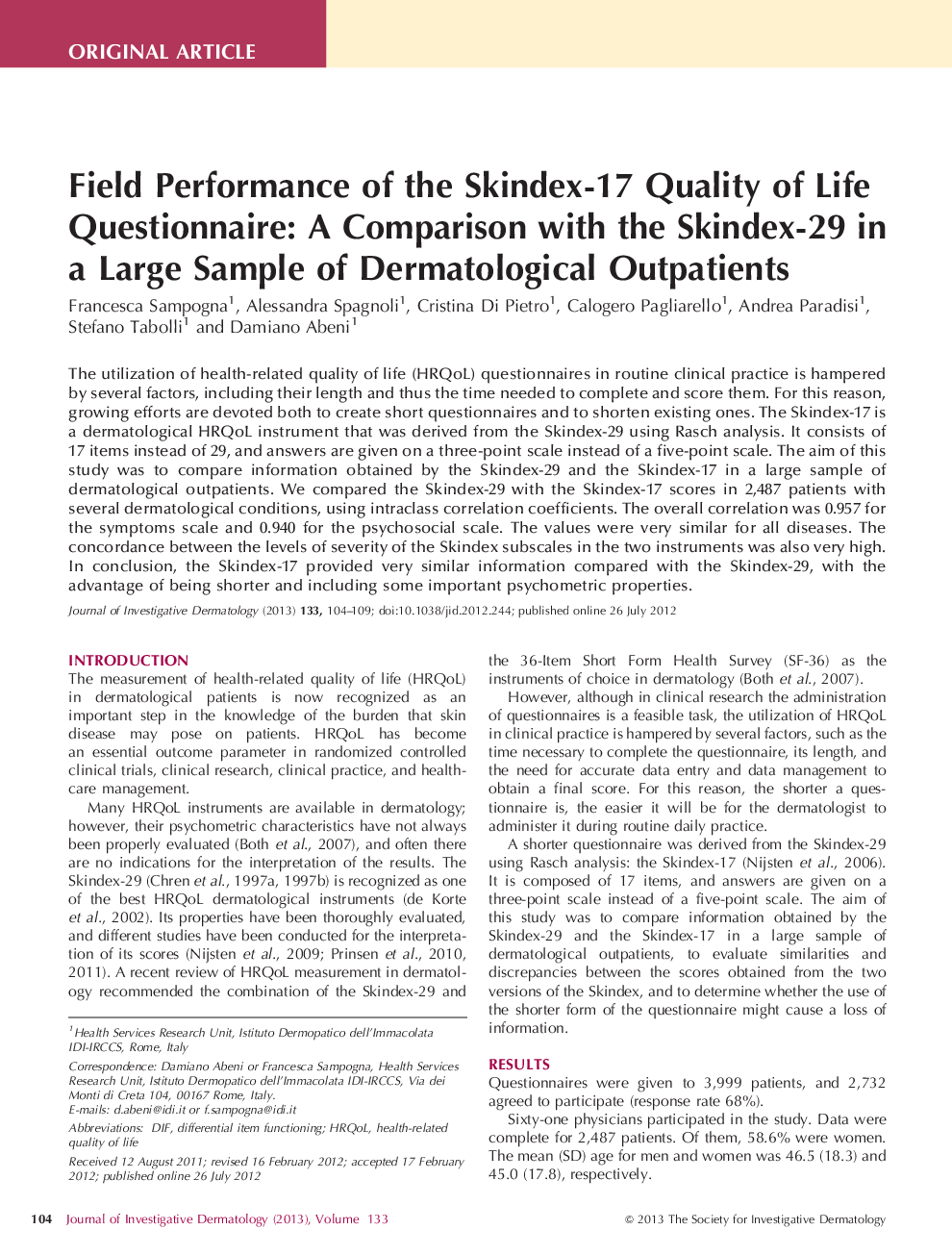 Field Performance of the Skindex-17 Quality of Life Questionnaire: A Comparison with the Skindex-29 in a Large Sample of Dermatological Outpatients 