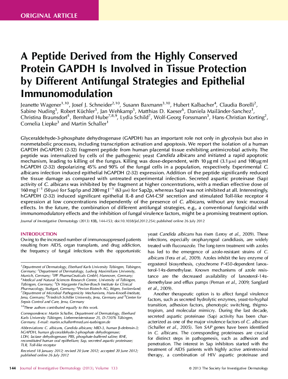 A Peptide Derived from the Highly Conserved Protein GAPDH Is Involved in Tissue Protection by Different Antifungal Strategies and Epithelial Immunomodulation 