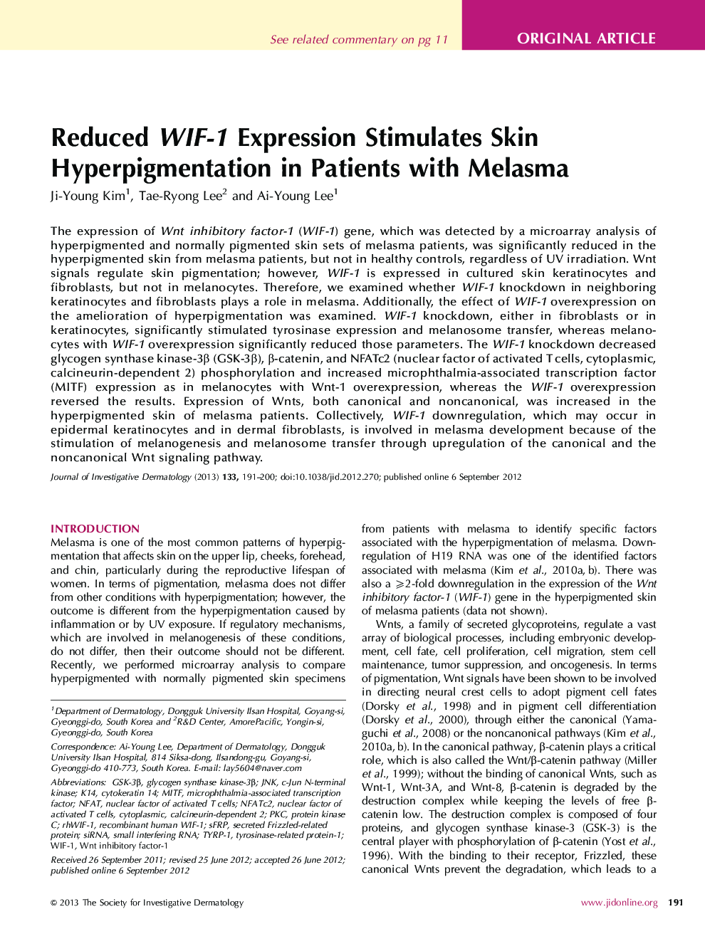 Reduced WIF-1 Expression Stimulates Skin Hyperpigmentation in Patients with Melasma 