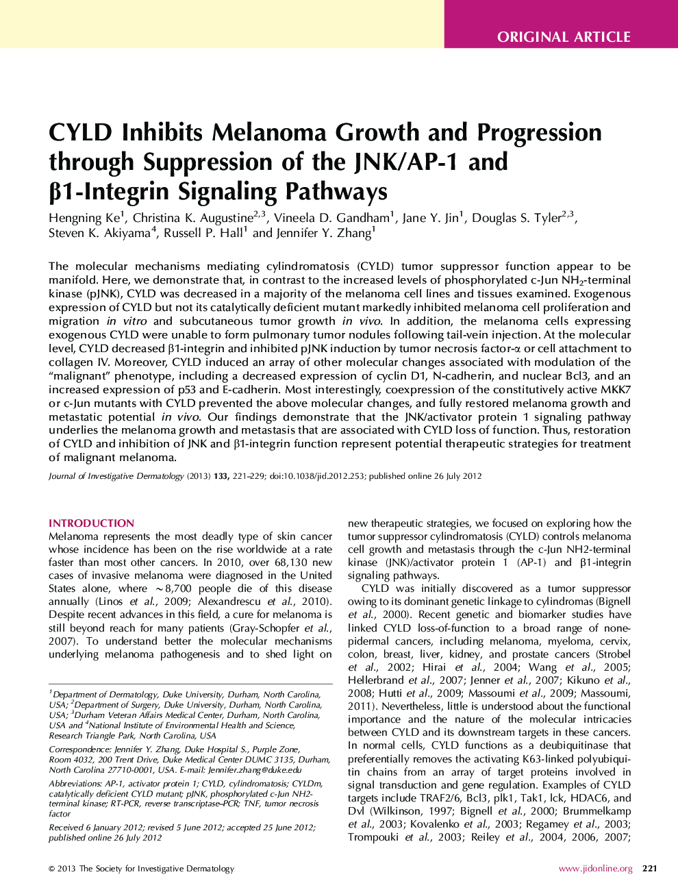 CYLD Inhibits Melanoma Growth and Progression through Suppression of the JNK/AP-1 and β1-Integrin Signaling Pathways 