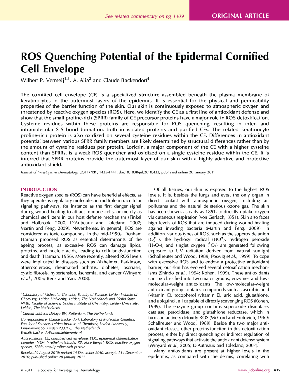 ROS Quenching Potential of the Epidermal Cornified Cell Envelope 