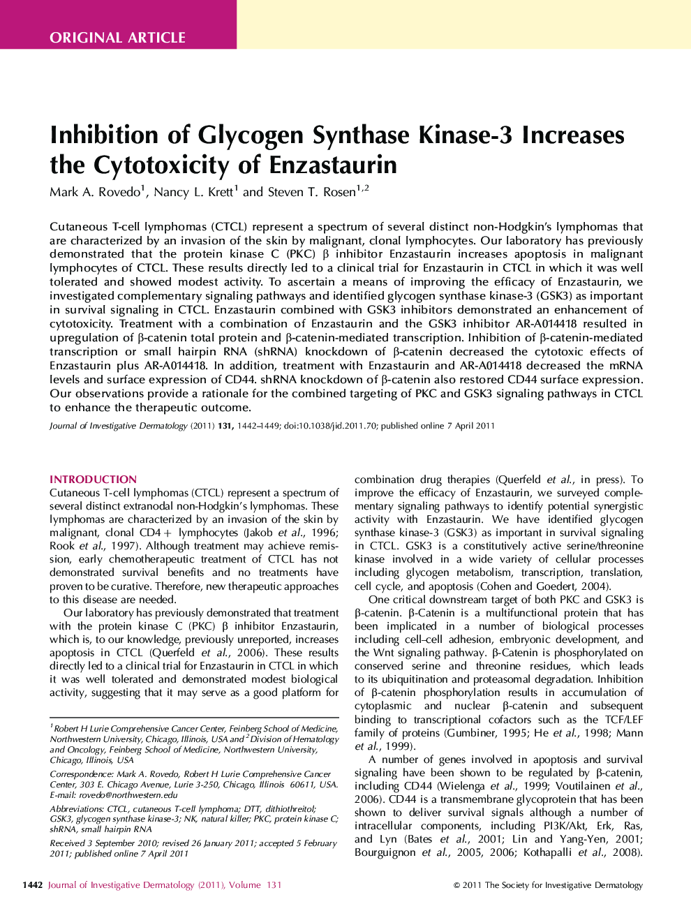Inhibition of Glycogen Synthase Kinase-3 Increases the Cytotoxicity of Enzastaurin 