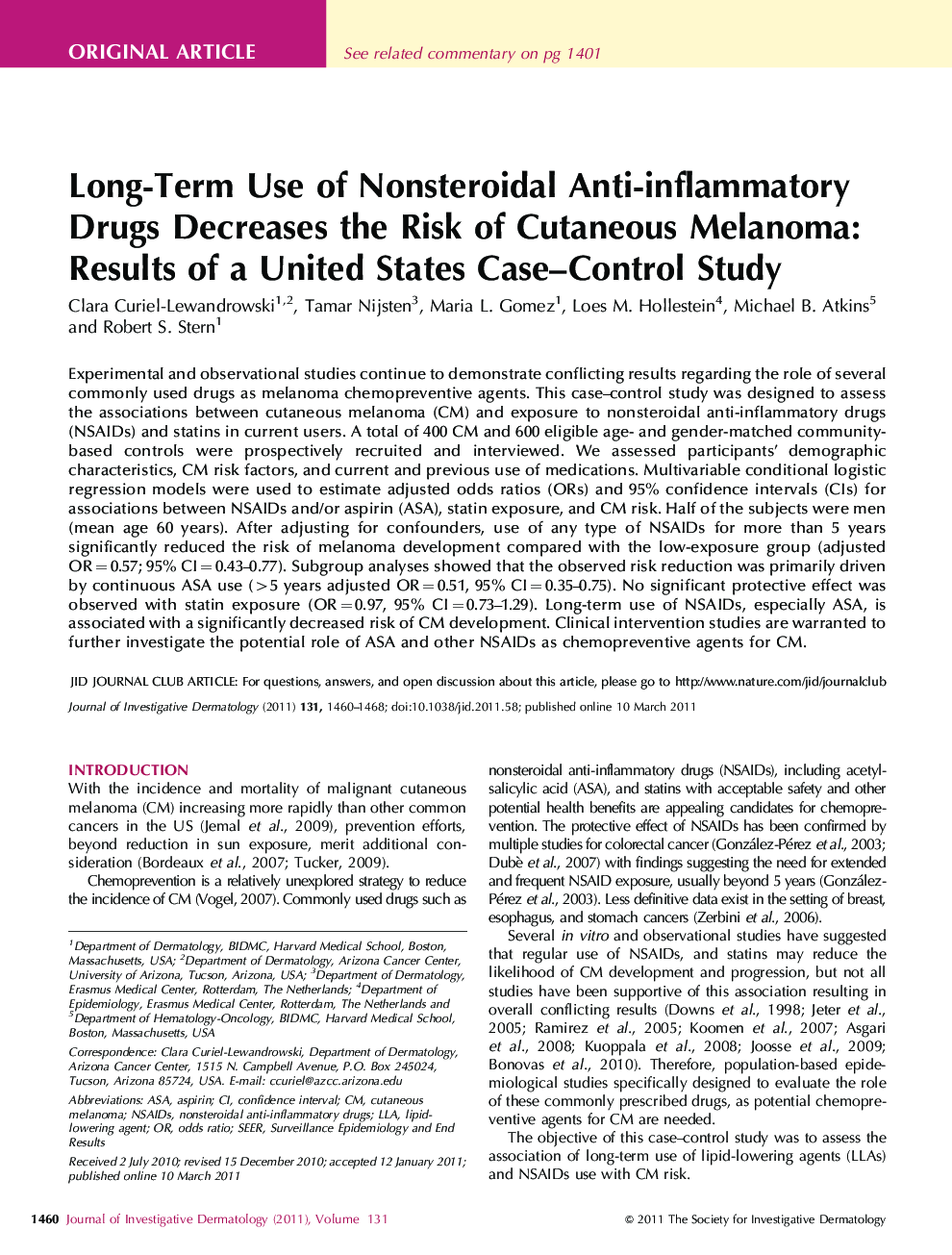 Long-Term Use of Nonsteroidal Anti-inflammatory Drugs Decreases the Risk of Cutaneous Melanoma: Results of a United States Case–Control Study 