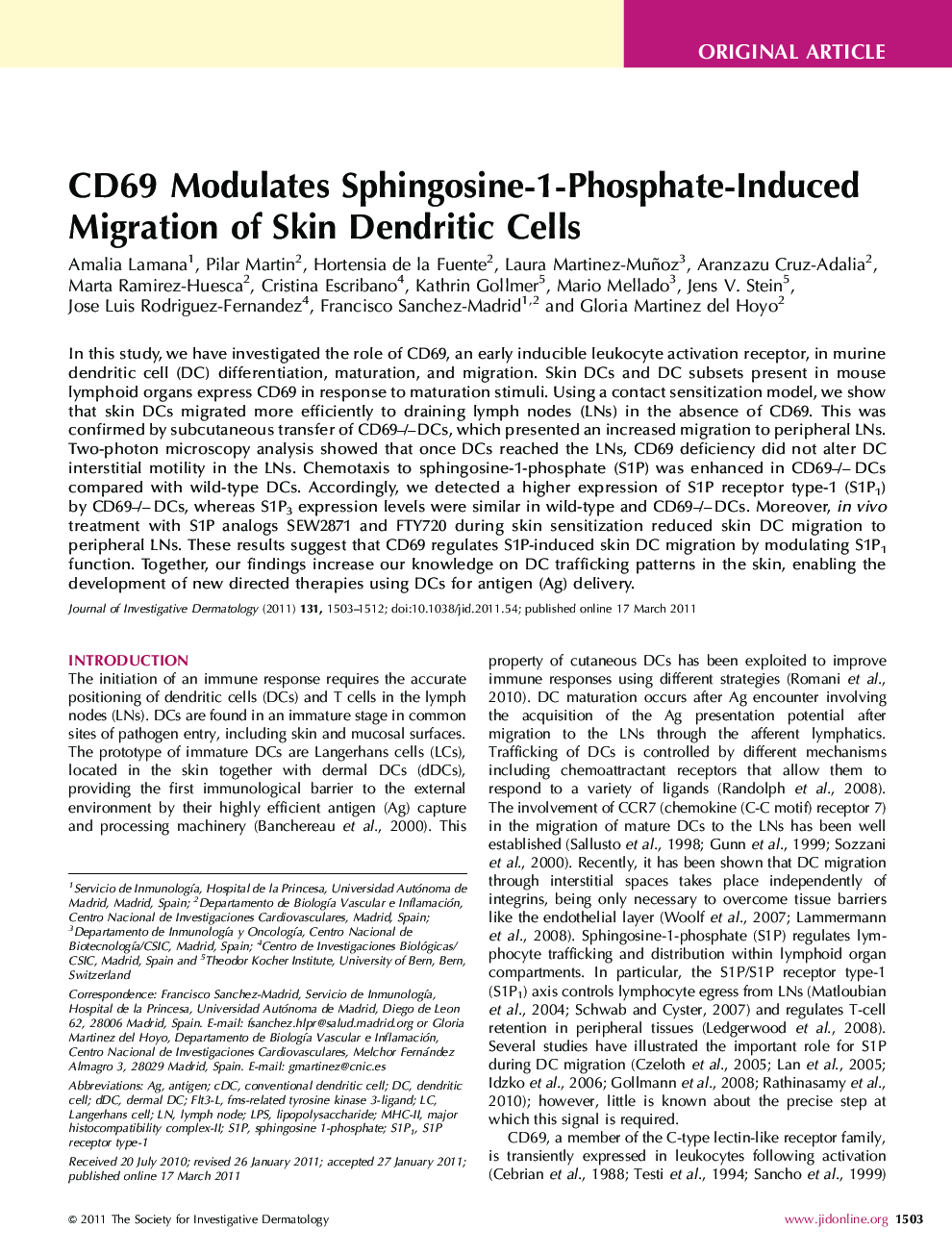 CD69 Modulates Sphingosine-1-Phosphate-Induced Migration of Skin Dendritic Cells 