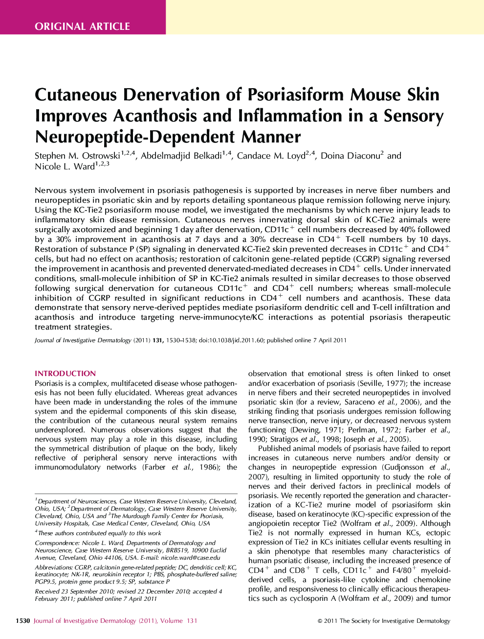 Cutaneous Denervation of Psoriasiform Mouse Skin Improves Acanthosis and Inflammation in a Sensory Neuropeptide-Dependent Manner 
