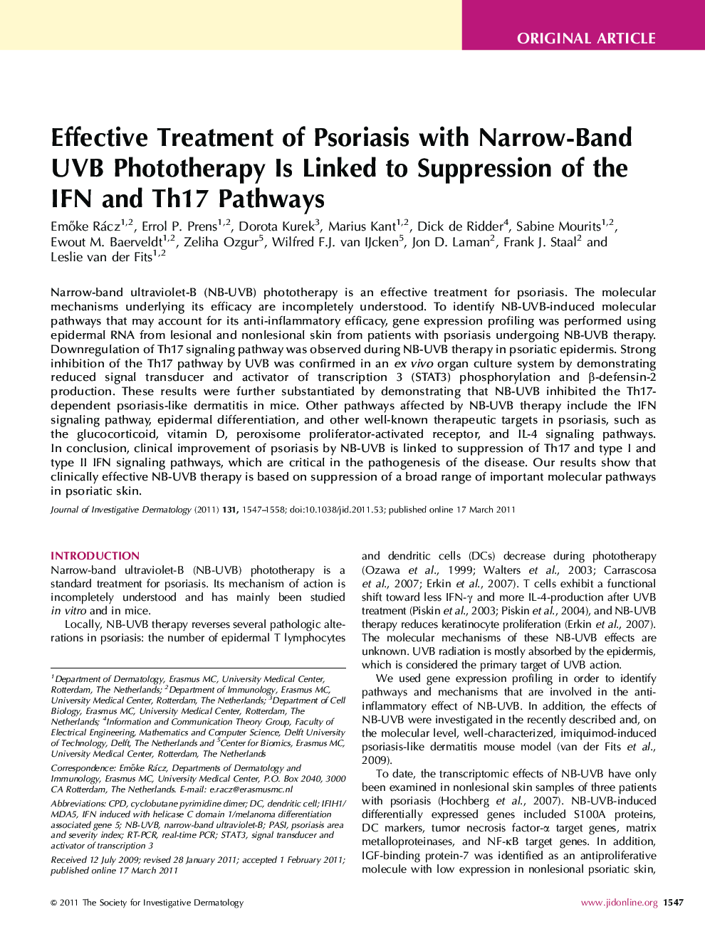 Effective Treatment of Psoriasis with Narrow-Band UVB Phototherapy Is Linked to Suppression of the IFN and Th17 Pathways 