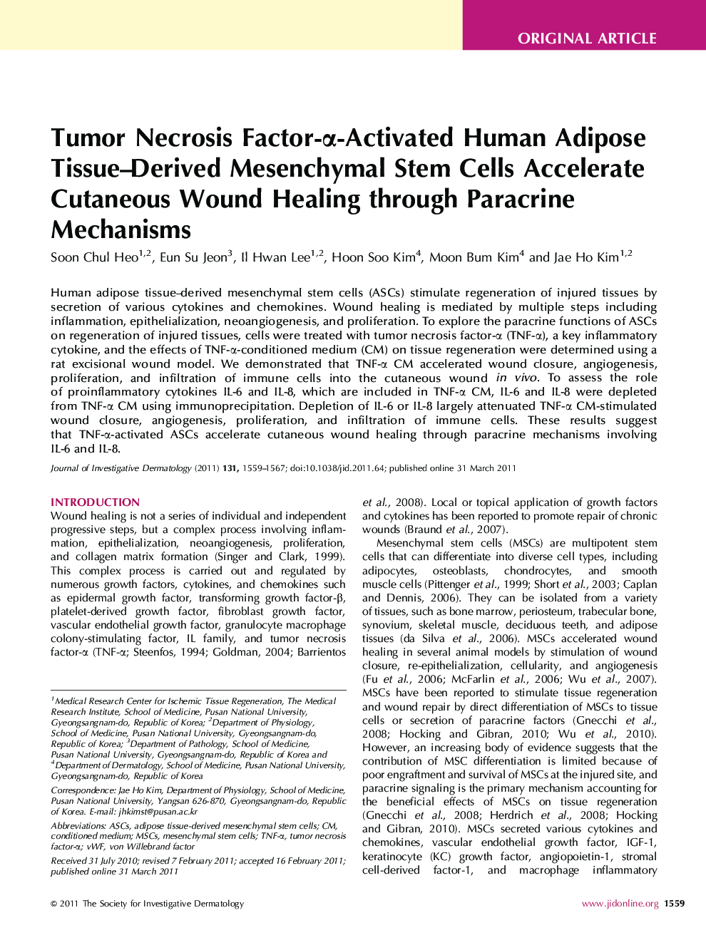 Tumor Necrosis Factor-α-Activated Human Adipose Tissue–Derived Mesenchymal Stem Cells Accelerate Cutaneous Wound Healing through Paracrine Mechanisms 