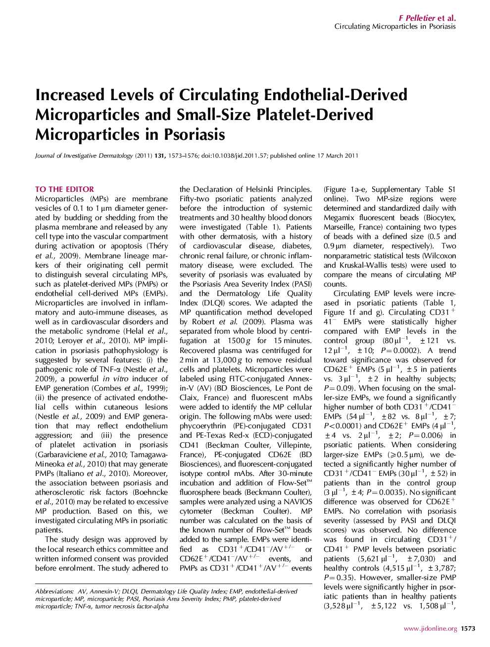 Increased Levels of Circulating Endothelial-Derived Microparticles and Small-Size Platelet-Derived Microparticles in Psoriasis