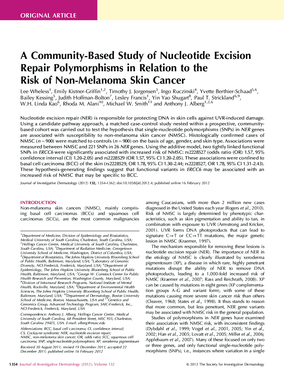 A Community-Based Study of Nucleotide Excision Repair Polymorphisms in Relation to the Risk of Non-Melanoma Skin Cancer 