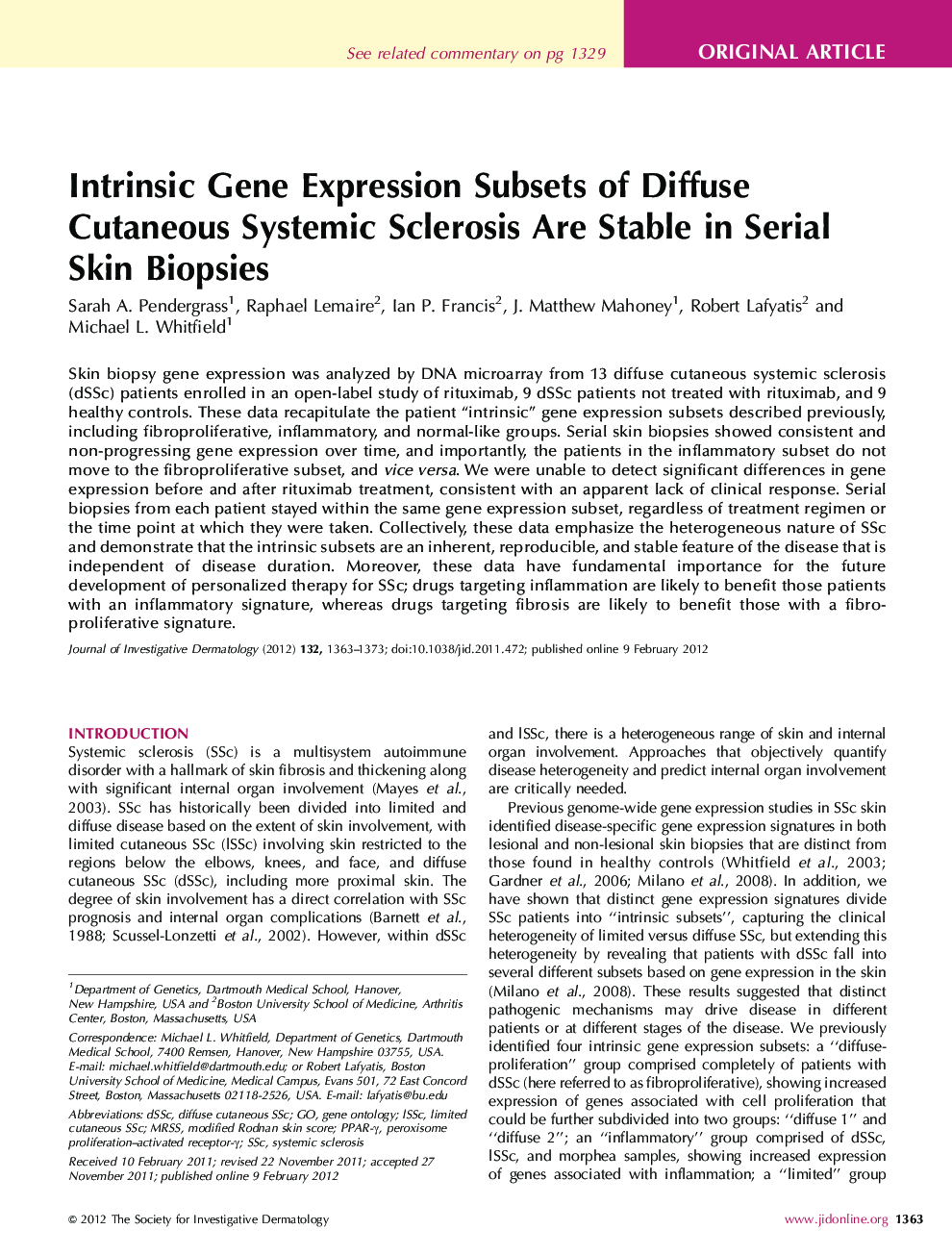 Intrinsic Gene Expression Subsets of Diffuse Cutaneous Systemic Sclerosis Are Stable in Serial Skin Biopsies 