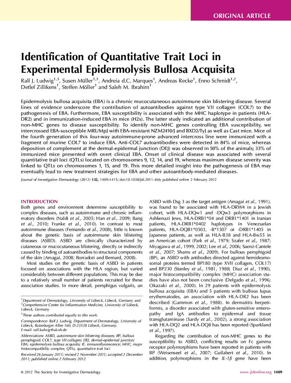Identification of Quantitative Trait Loci in Experimental Epidermolysis Bullosa Acquisita 