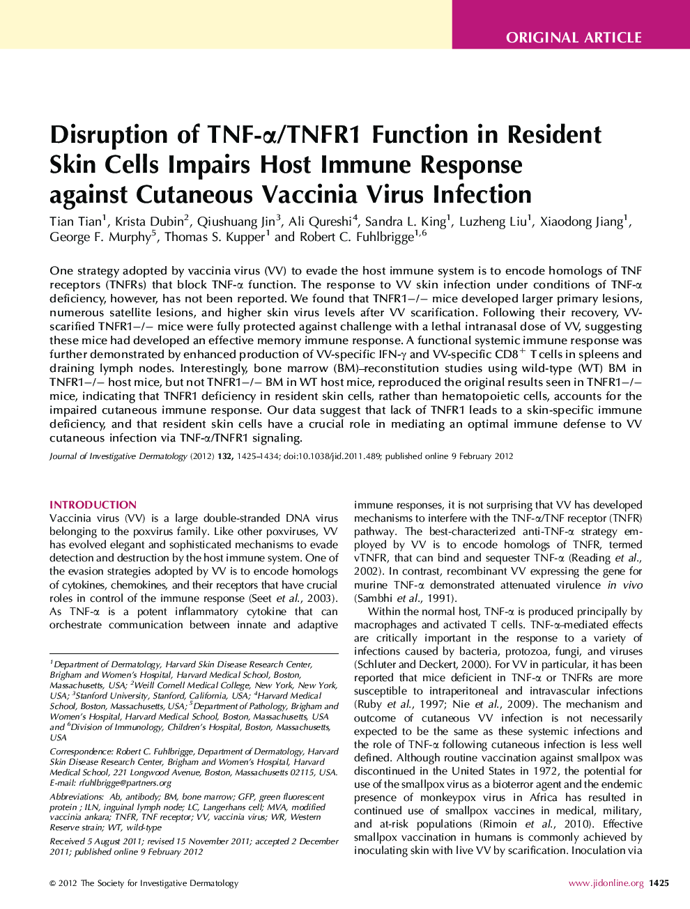 Disruption of TNF-α/TNFR1 Function in Resident Skin Cells Impairs Host Immune Response against Cutaneous Vaccinia Virus Infection 