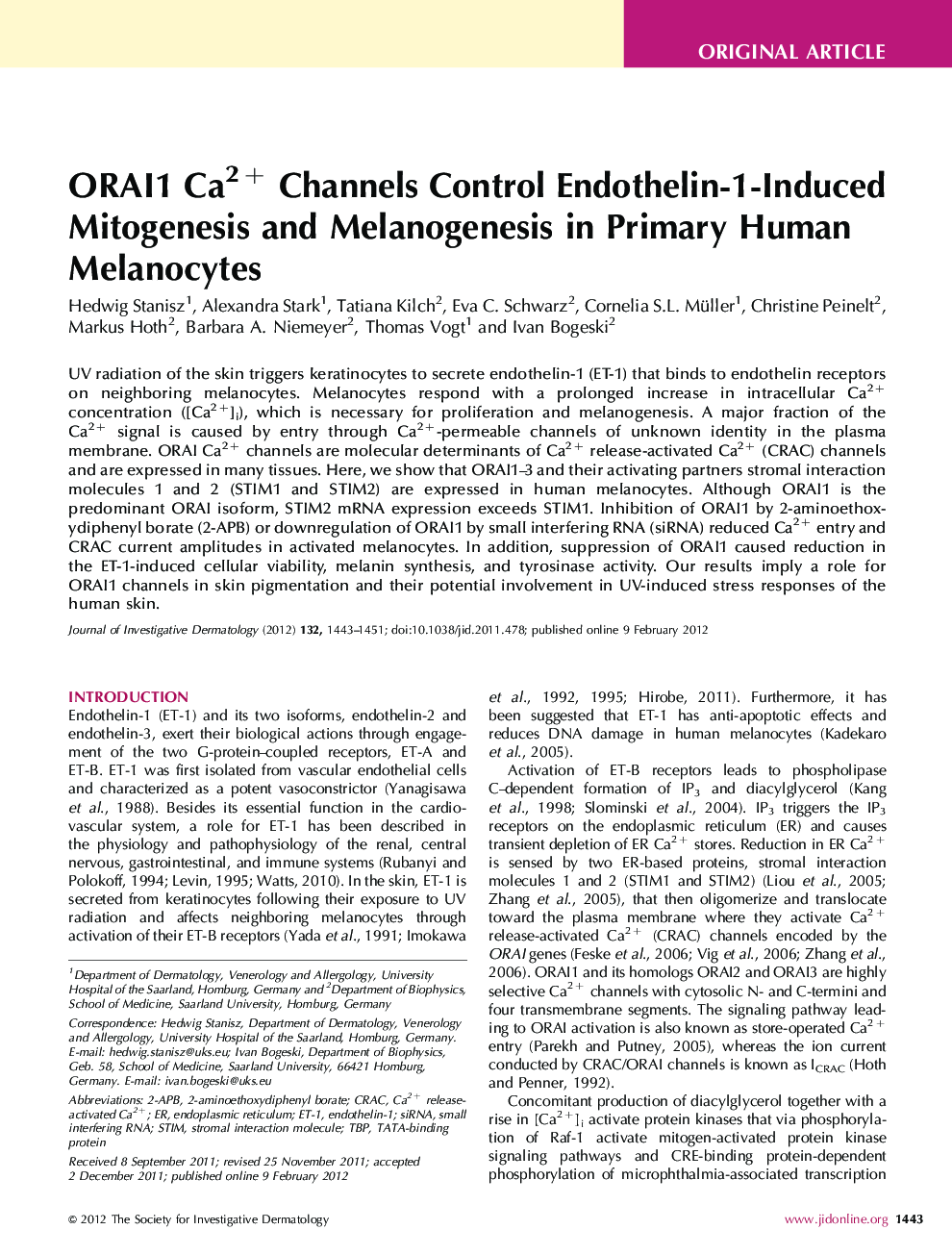 ORAI1 Ca2+ Channels Control Endothelin-1-Induced Mitogenesis and Melanogenesis in Primary Human Melanocytes 