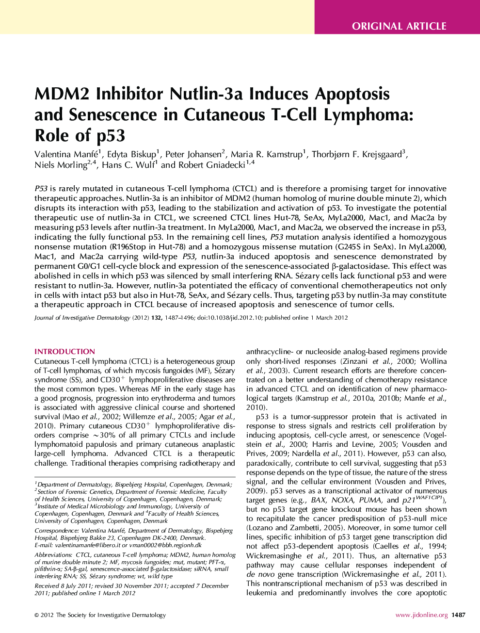 MDM2 Inhibitor Nutlin-3a Induces Apoptosis and Senescence in Cutaneous T-Cell Lymphoma: Role of p53 