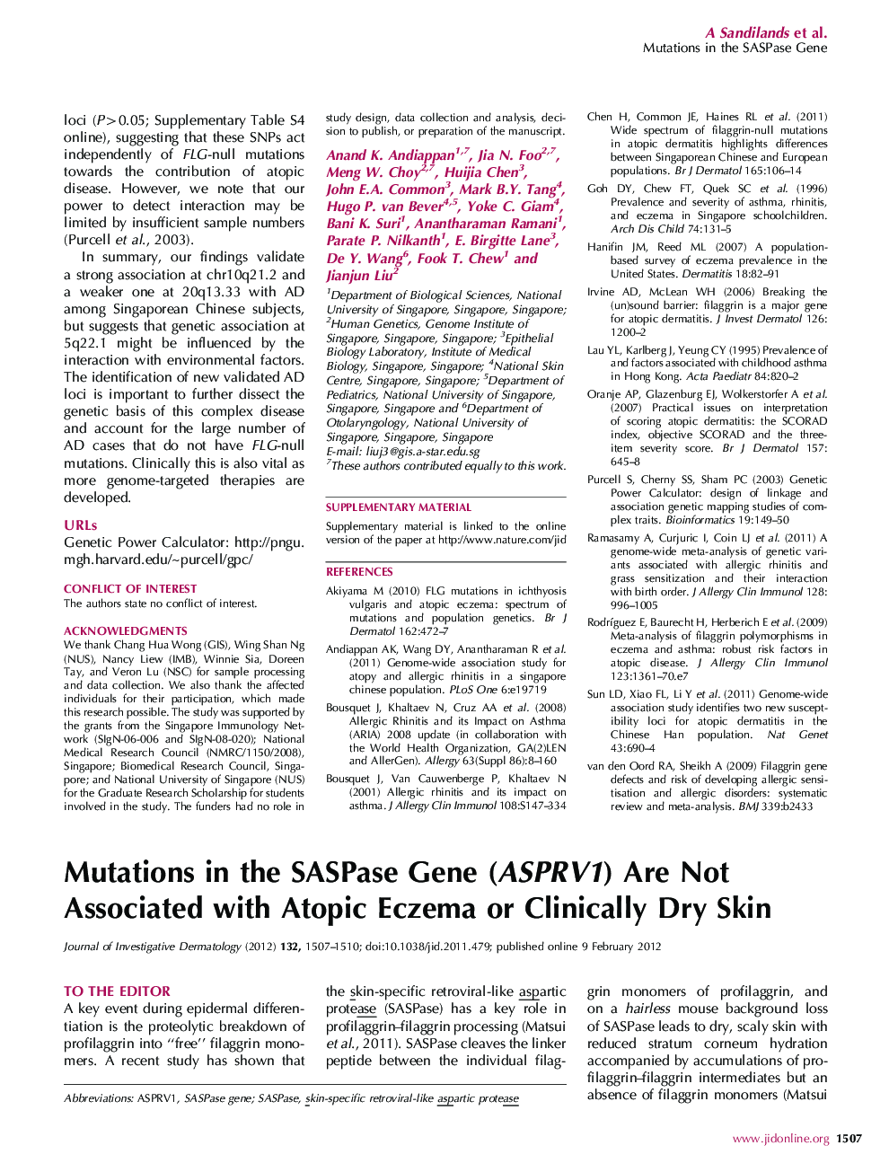 Mutations in the SASPase Gene (ASPRV1) Are Not Associated with Atopic Eczema or Clinically Dry Skin
