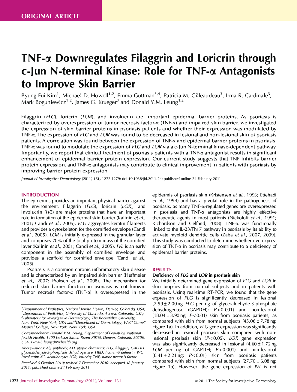 TNF-α Downregulates Filaggrin and Loricrin through c-Jun N-terminal Kinase: Role for TNF-α Antagonists to Improve Skin Barrier 