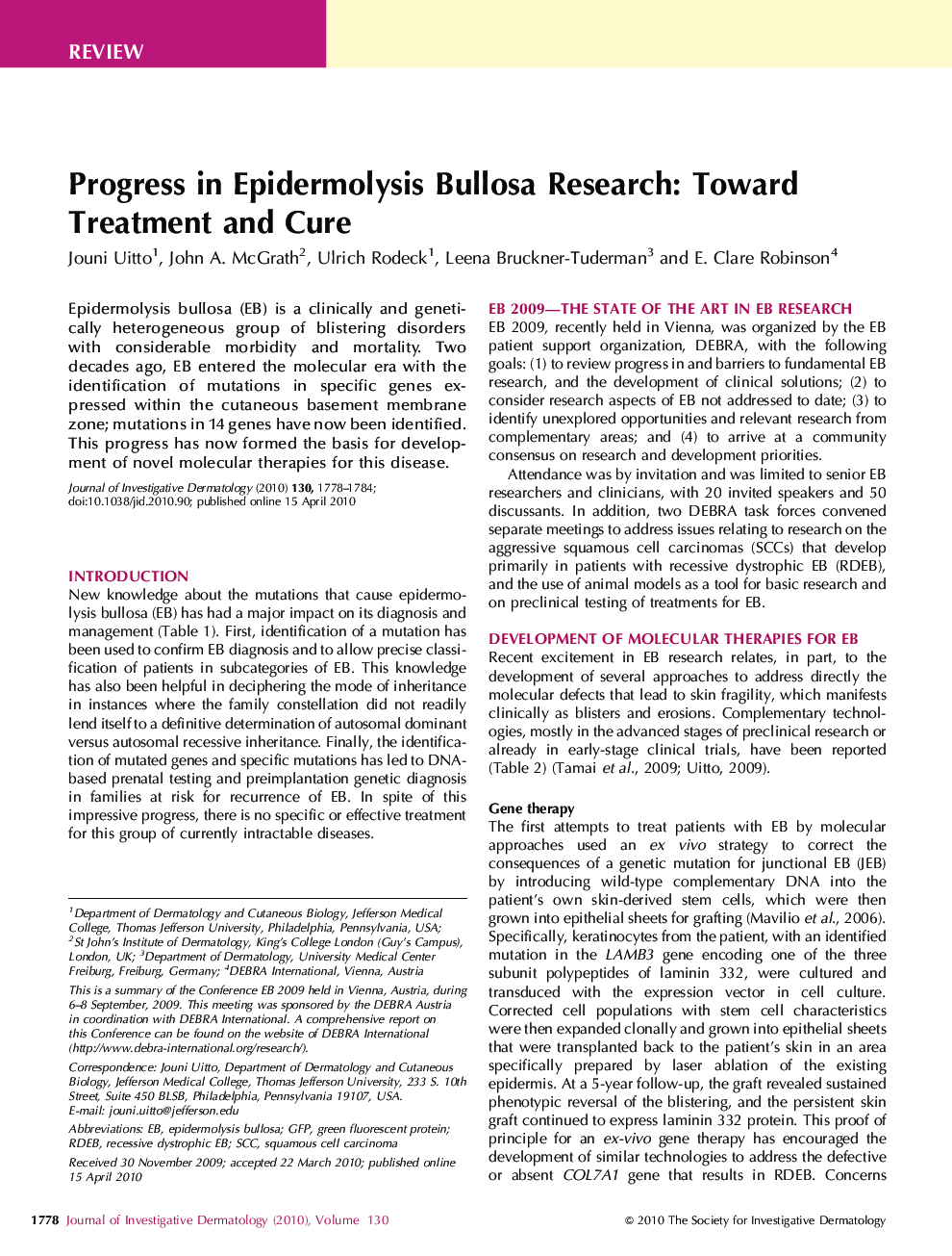 Progress in Epidermolysis Bullosa Research: Toward Treatment and Cure 