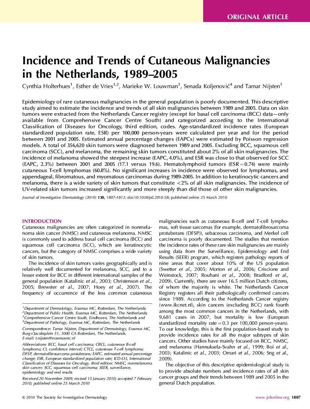 Incidence and Trends of Cutaneous Malignancies in the Netherlands, 1989–2005 