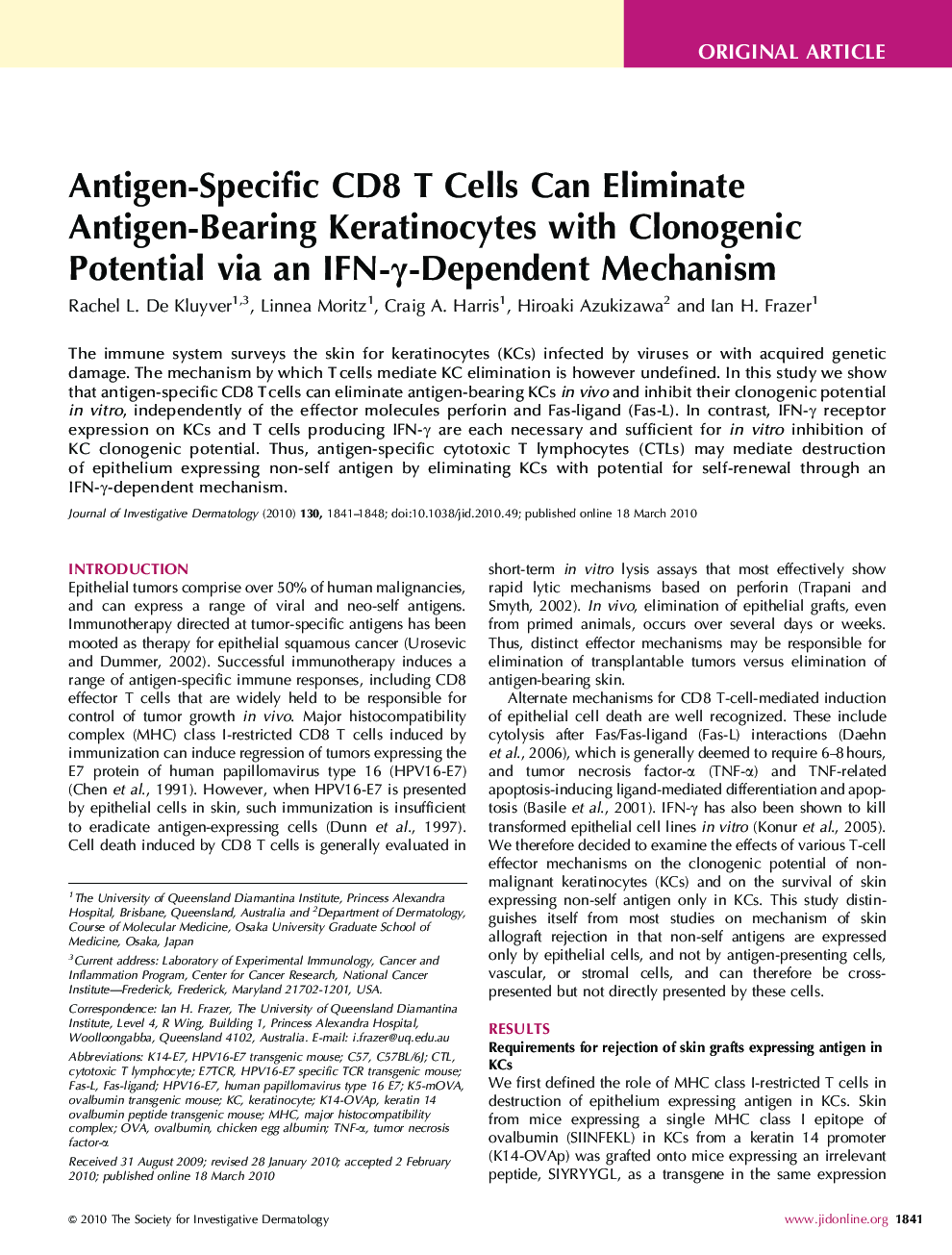 Antigen-Specific CD8 T Cells Can Eliminate Antigen-Bearing Keratinocytes with Clonogenic Potential via an IFN-Î³-Dependent Mechanism