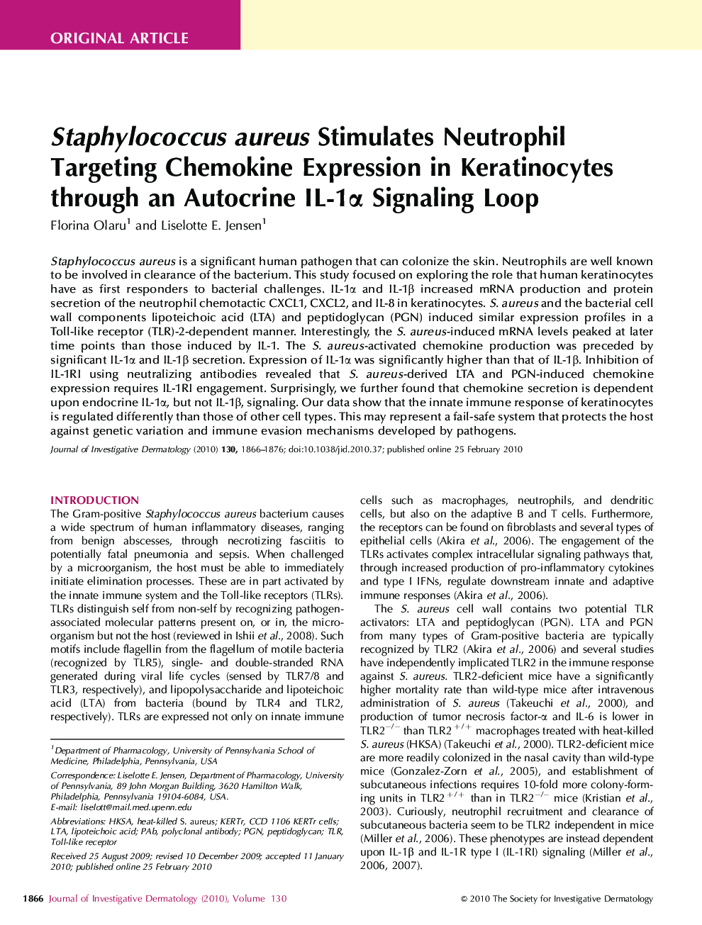 Staphylococcus aureus Stimulates Neutrophil Targeting Chemokine Expression in Keratinocytes through an Autocrine IL-1α Signaling Loop 