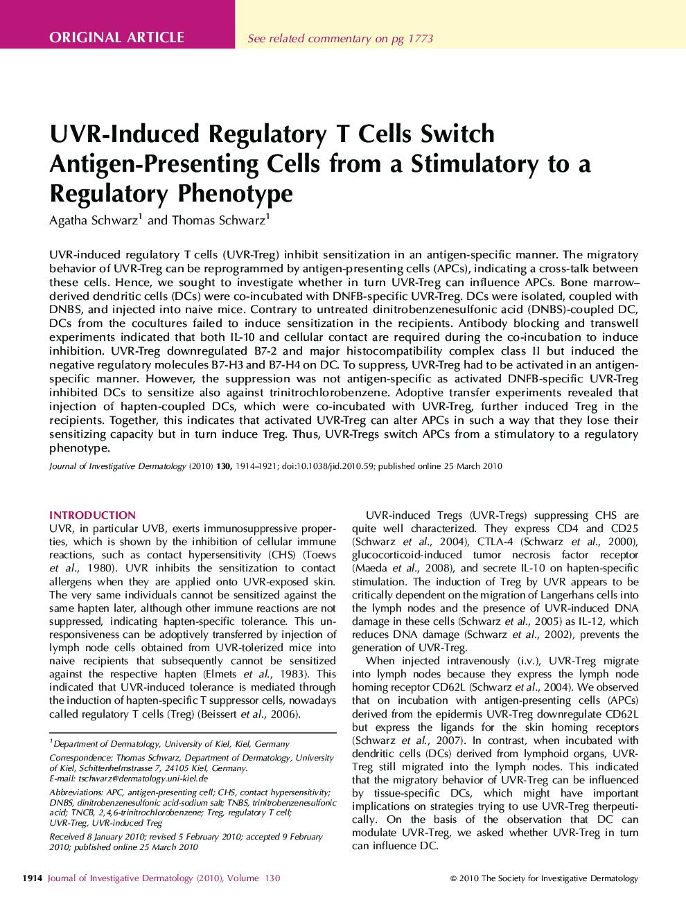UVR-Induced Regulatory T Cells Switch Antigen-Presenting Cells from a Stimulatory to a Regulatory Phenotype 