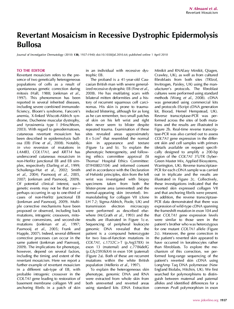 Revertant Mosaicism in Recessive Dystrophic Epidermolysis Bullosa