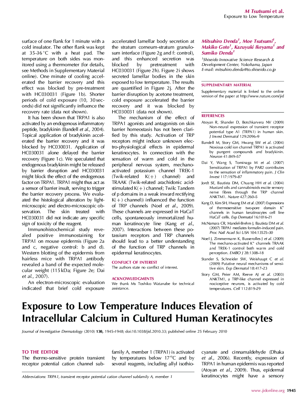 Exposure to Low Temperature Induces Elevation of Intracellular Calcium in Cultured Human Keratinocytes
