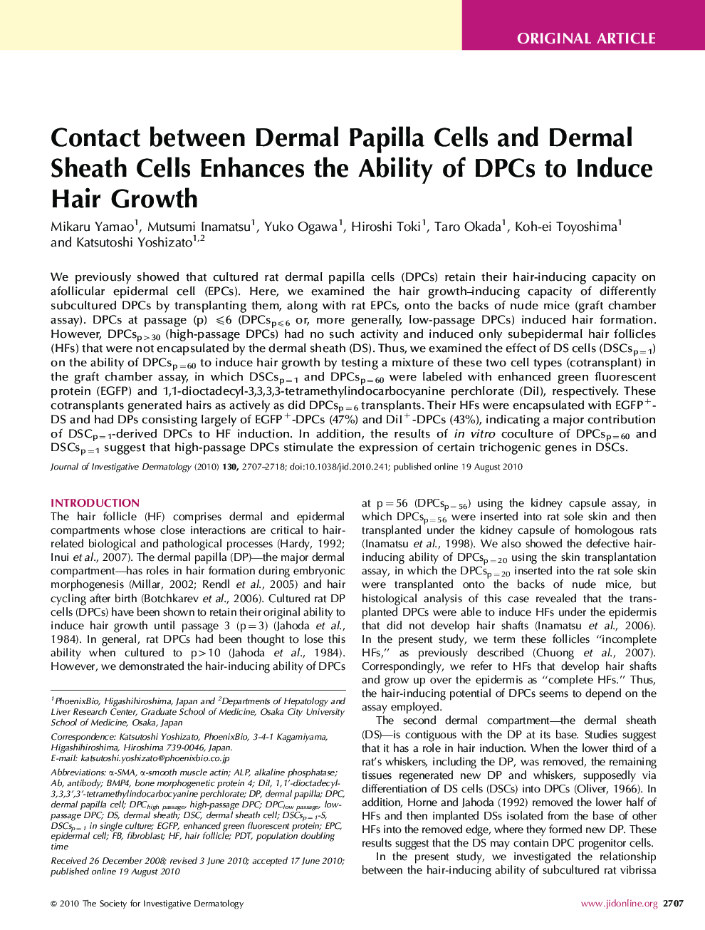 Contact between Dermal Papilla Cells and Dermal Sheath Cells Enhances the Ability of DPCs to Induce Hair Growth 