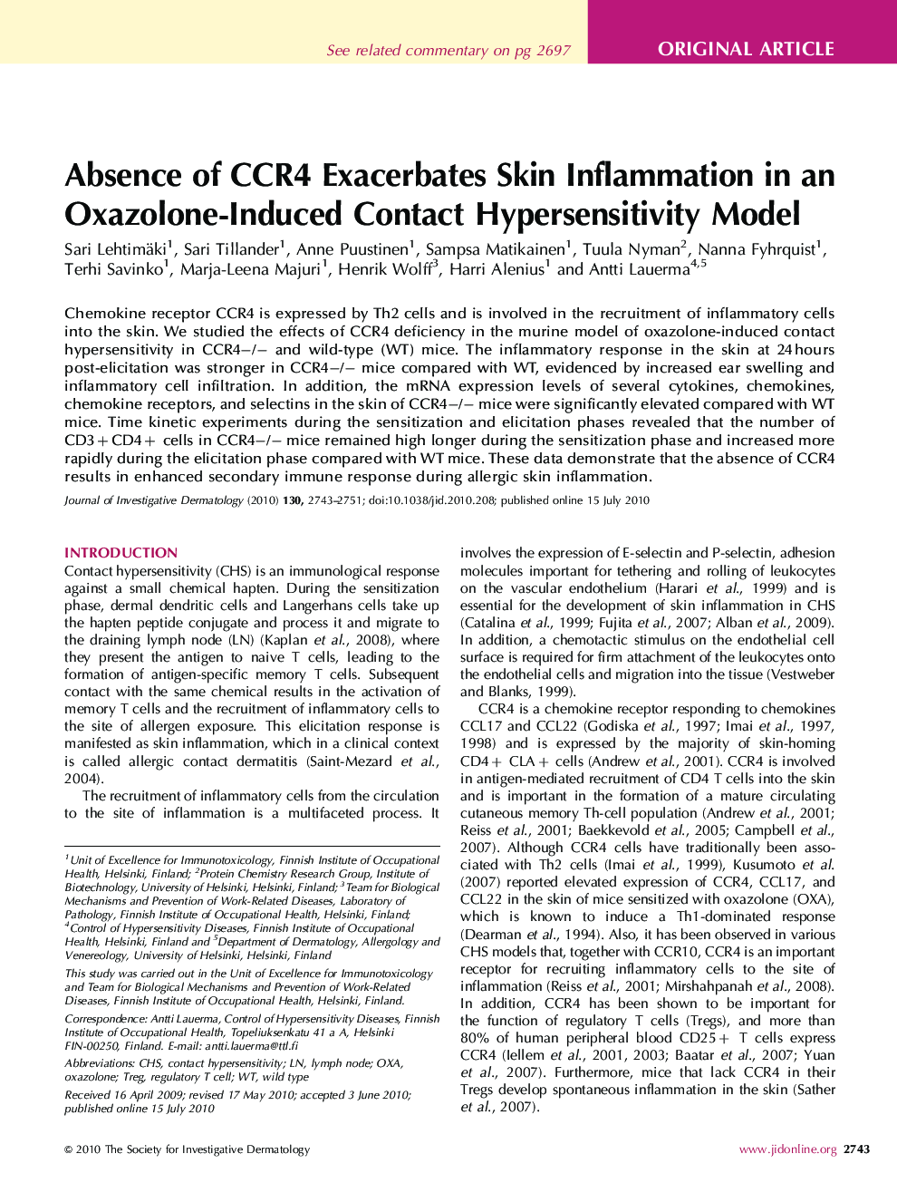 Absence of CCR4 Exacerbates Skin Inflammation in an Oxazolone-Induced Contact Hypersensitivity Model 