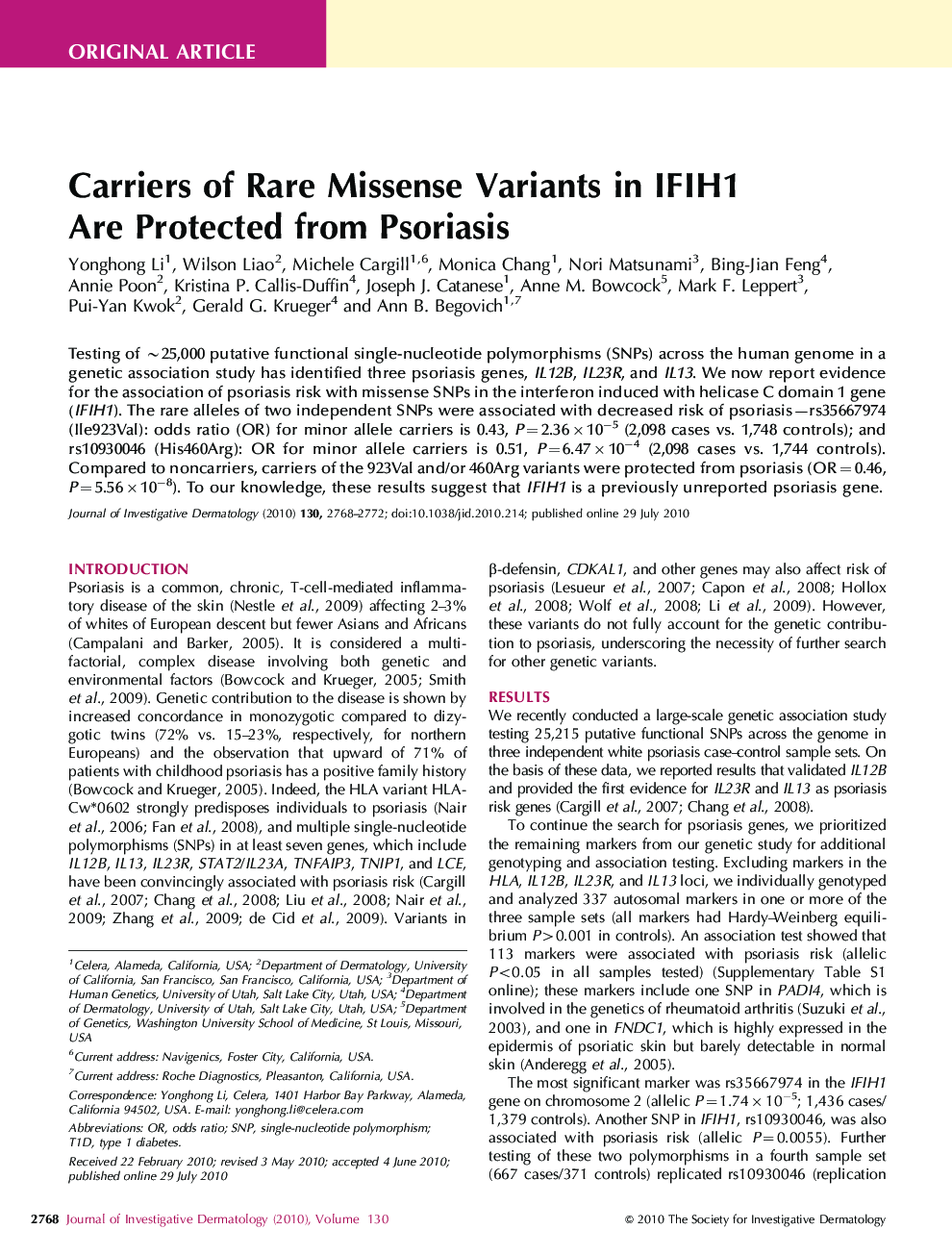 Carriers of Rare Missense Variants in IFIH1 Are Protected from Psoriasis 