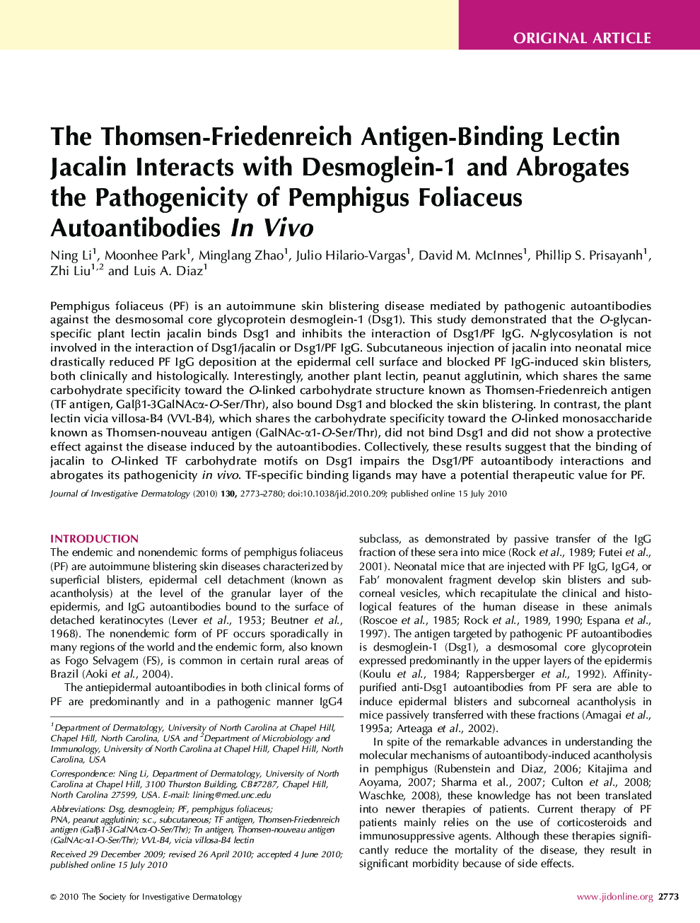The Thomsen-Friedenreich Antigen-Binding Lectin Jacalin Interacts with Desmoglein-1 and Abrogates the Pathogenicity of Pemphigus Foliaceus Autoantibodies In Vivo 