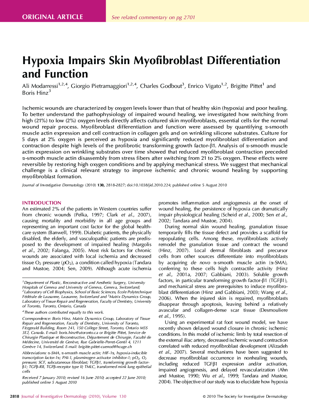 Hypoxia Impairs Skin Myofibroblast Differentiation and Function 