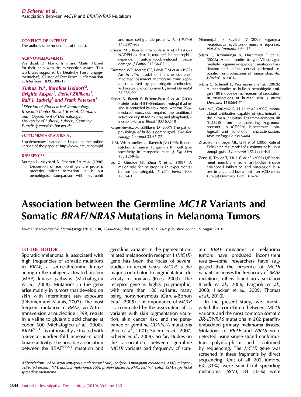 Association between the Germline MC1R Variants and Somatic BRAF/NRAS Mutations in Melanoma Tumors