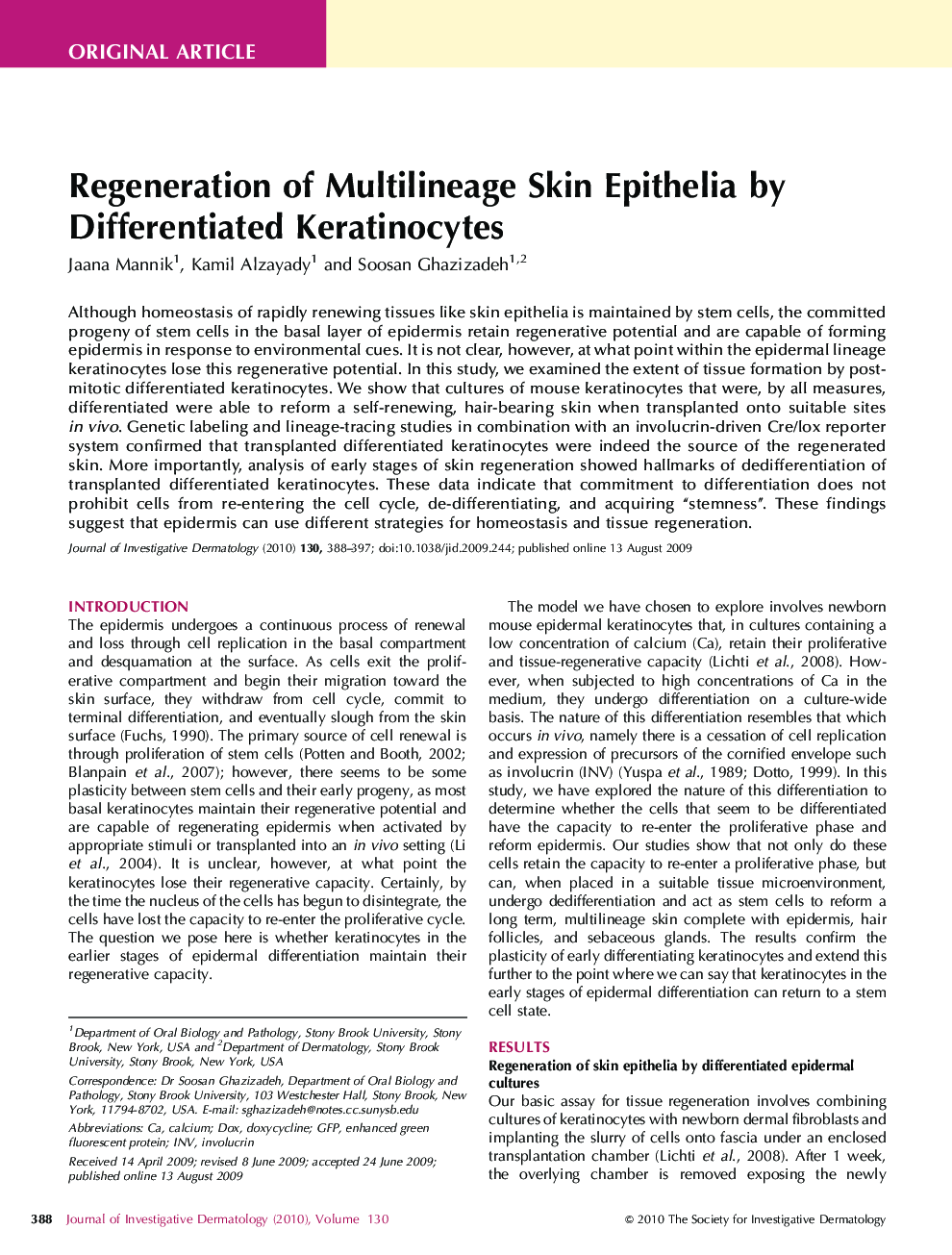 Regeneration of Multilineage Skin Epithelia by Differentiated Keratinocytes