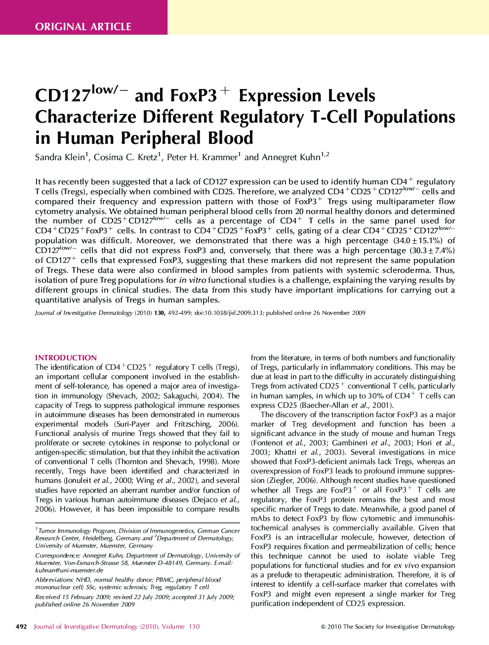 CD127low/- and FoxP3+ Expression Levels Characterize Different Regulatory T-Cell Populations in Human Peripheral Blood 