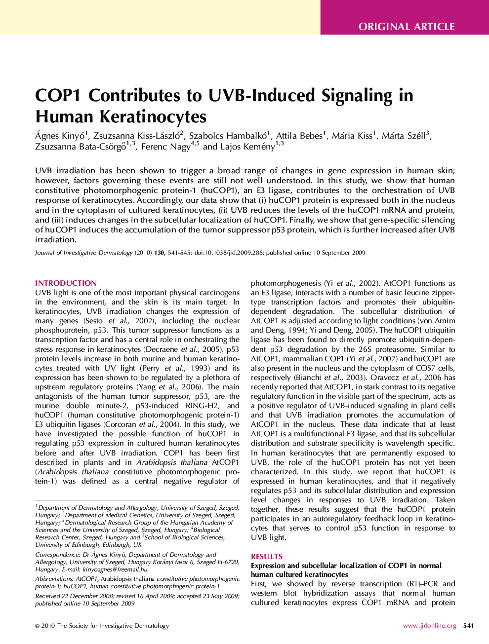 COP1 Contributes to UVB-Induced Signaling in Human Keratinocytes 