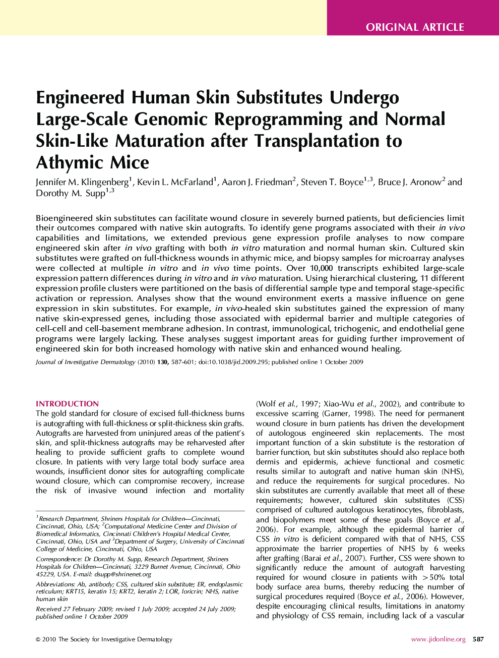 Engineered Human Skin Substitutes Undergo Large-Scale Genomic Reprogramming and Normal Skin-Like Maturation after Transplantation to Athymic Mice 