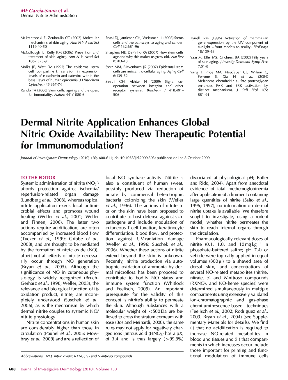 Dermal Nitrite Application Enhances Global Nitric Oxide Availability: New Therapeutic Potential for Immunomodulation?