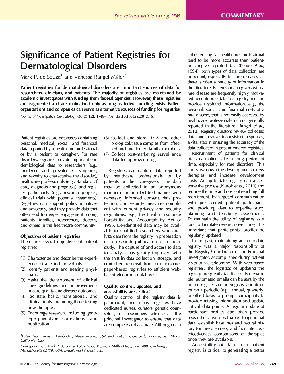 Significance of Patient Registries for Dermatological Disorders 